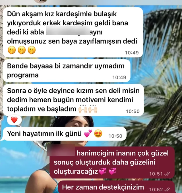 Danışan mesajı: ailesinin değişimini fark ettiğini ve programa yeniden başladığını yazıyor, “Yeni hayatımın ilk günü”.