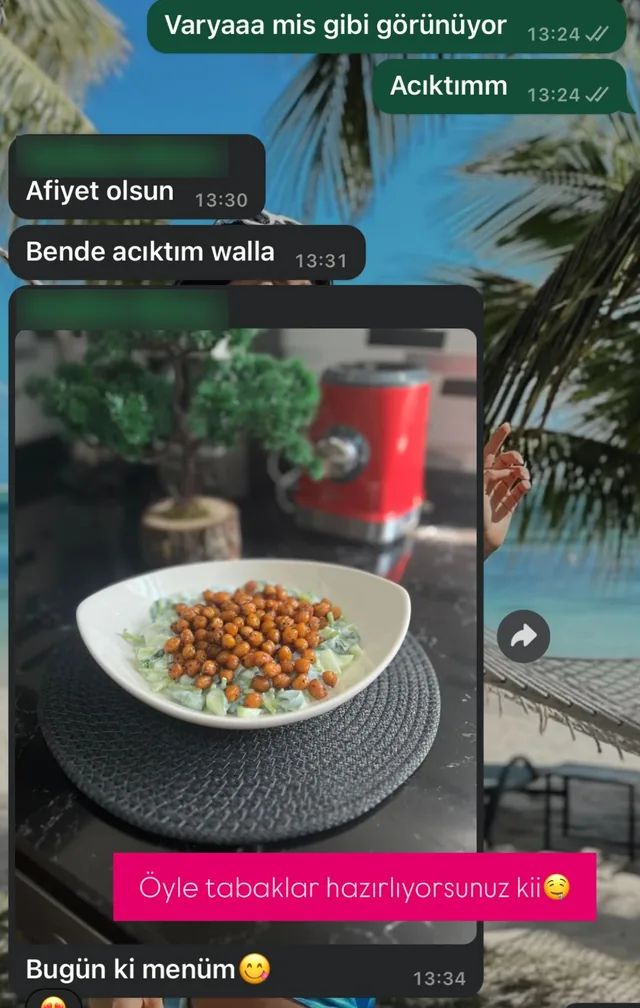 Danışan mesajı: nohutlu ve yeşillikli öğle tabağı, “Bugünkü menüm”.