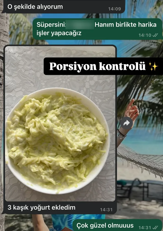 Danışan mesajı: porsiyon kontrolü, yoğurt eklenmiş öğün.